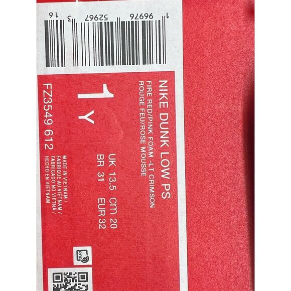 Nike Dunk Low Kids 1Y Valentine's Day Red/White Sneakers - Picture 16 of 16